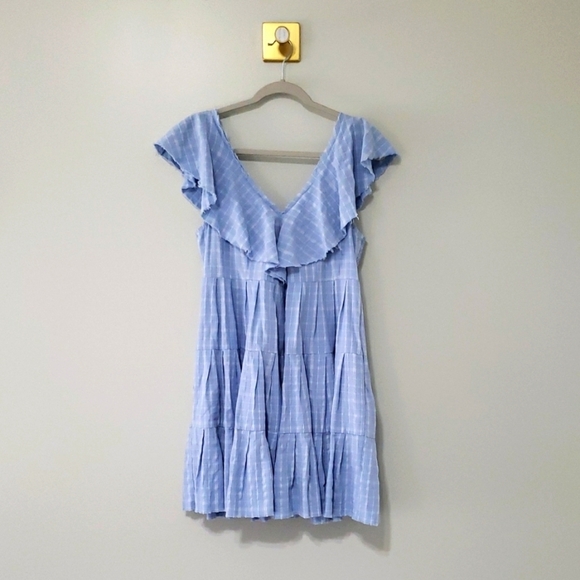 Fate Mini Dress Medium Plaid Blue White Ruffle Cap Sleeve Pockets Tiered Smocked - Picture 1 of 16
